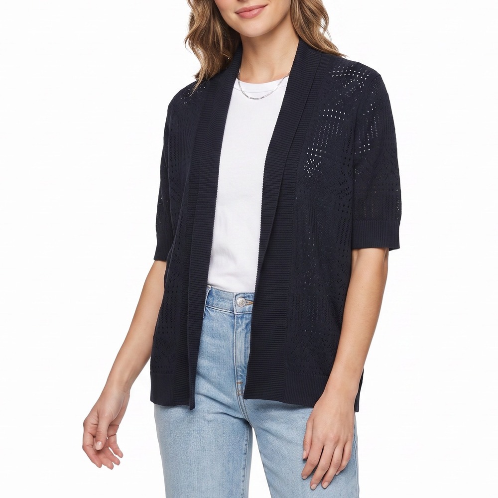 89th & Madison Cardigan Womens 1X Short Sleeve Open Front Navy Blue Fair